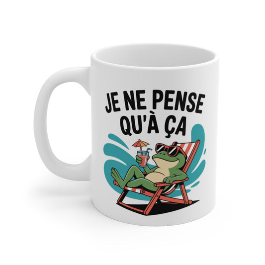 Mug “Je ne pense qu’à ça” – Grenouille Transat & Cocktail – Éclaboussures Bleues