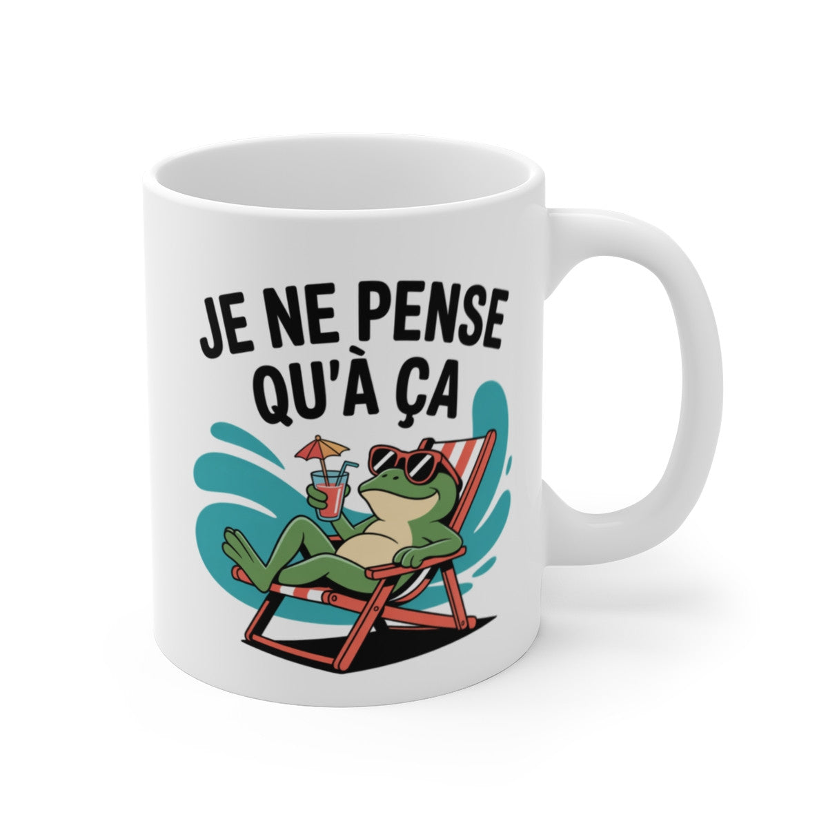 Mug “Je ne pense qu’à ça” – Grenouille Transat & Cocktail – Éclaboussures Bleues