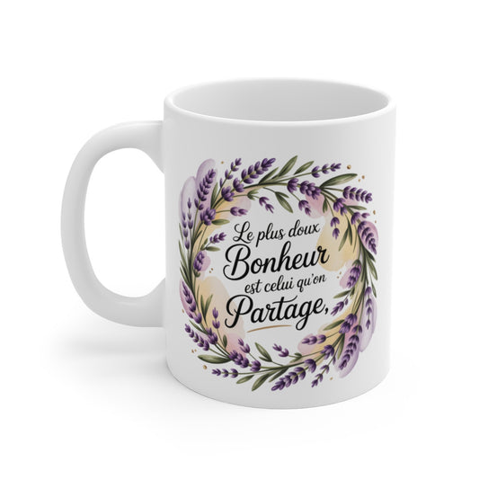 Mug Bonheur Partagé – Citation Positive Fleurie – Lavande & Aquarelle Douce – Tasse Céramique 325ml