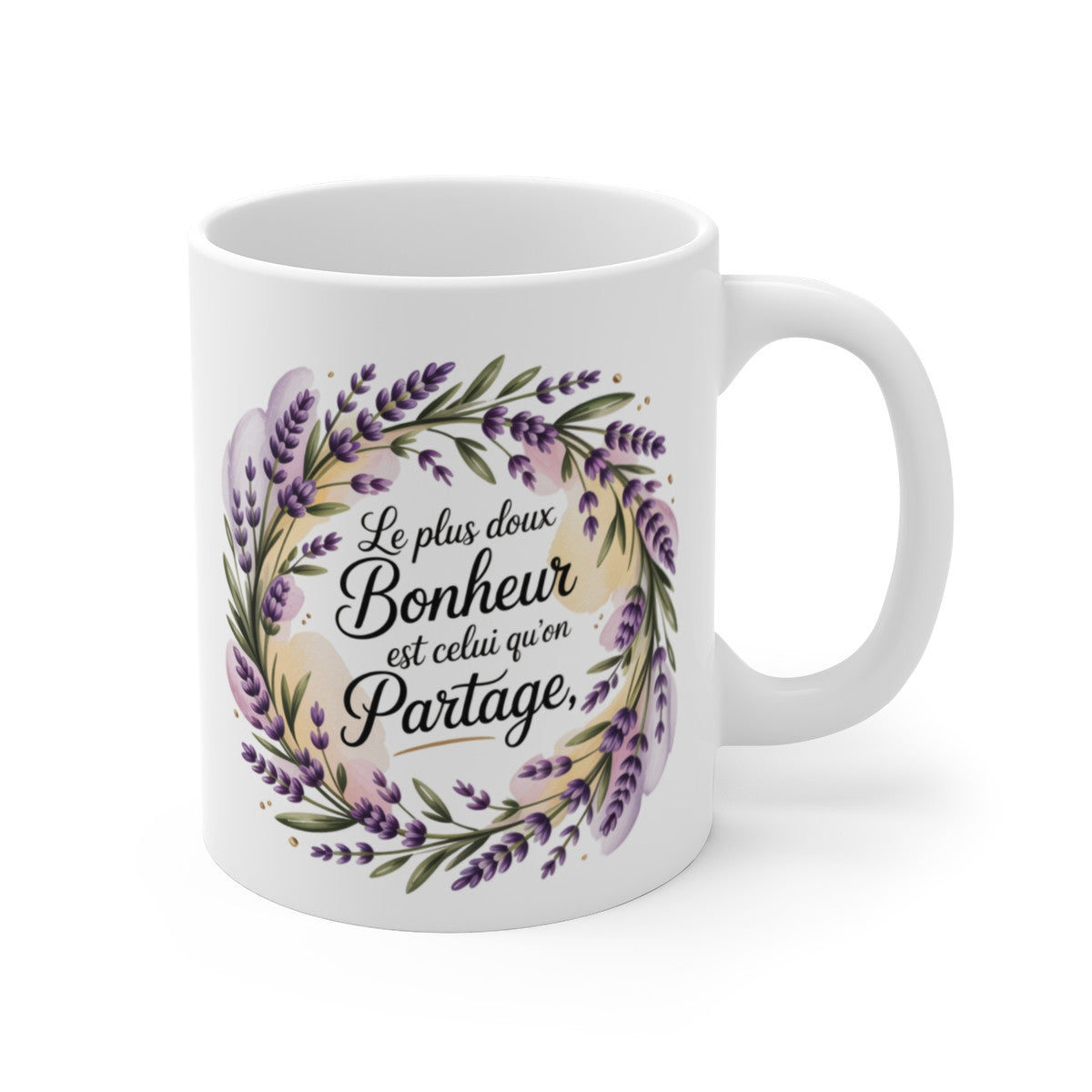 Mug Bonheur Partagé – Citation Positive Fleurie – Lavande & Aquarelle Douce – Tasse Céramique 325ml