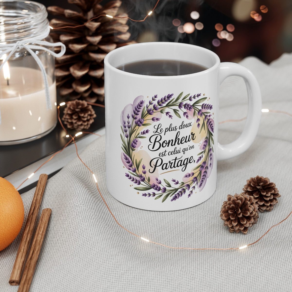 Mug Bonheur Partagé – Citation Positive Fleurie – Lavande & Aquarelle Douce – Tasse Céramique 325ml