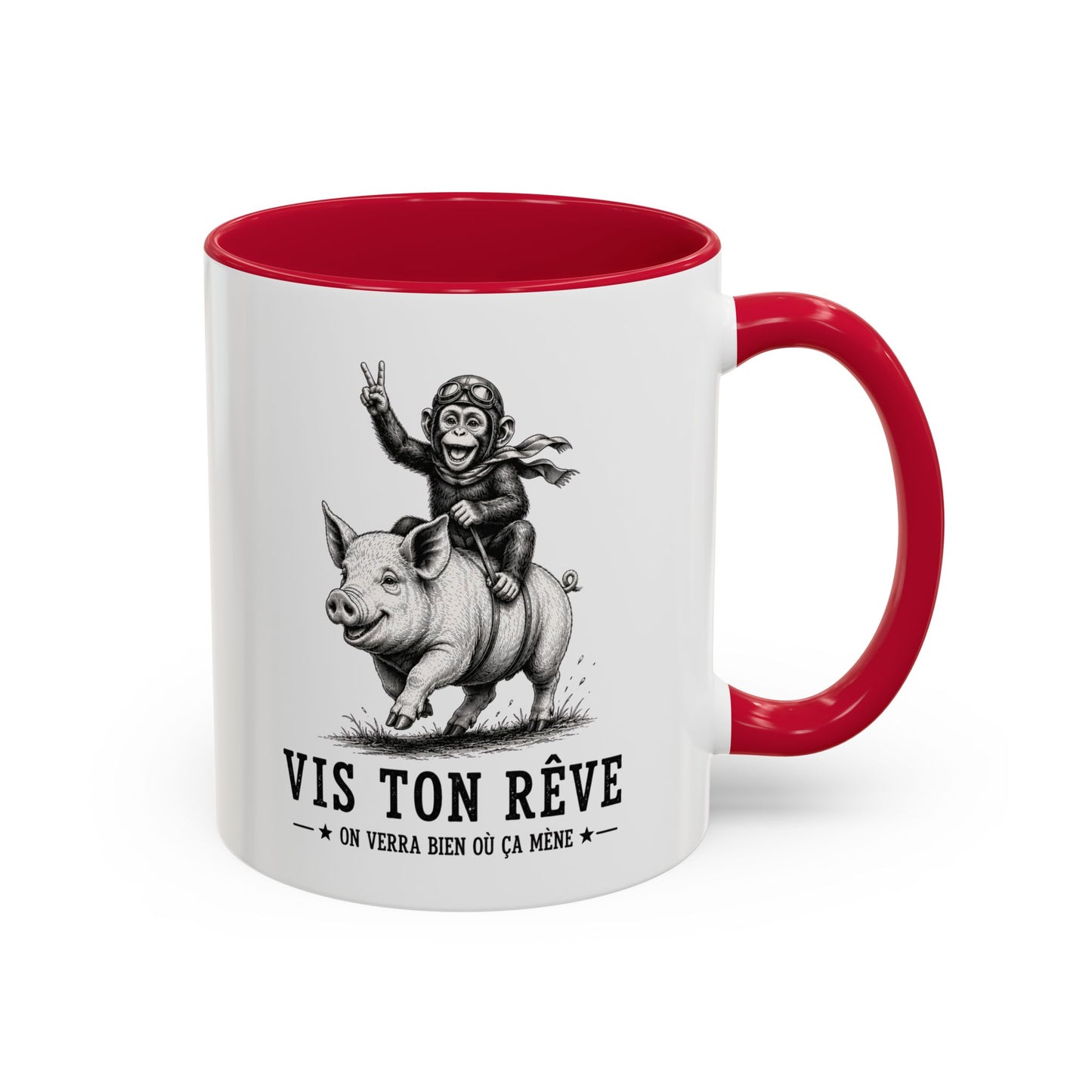 Tasse Vis Ton Rêve On Verra Bien Où Ça Mène – Mug Humour Singe Cochon Vintage – Cadeau Homme Femme 325 ml