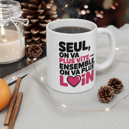 Mug Ensemble Plus Loin – Citation Amour & Équipe – Design Rose et Cœur – Tasse Céramique 325ml