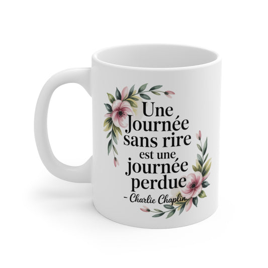 Mug Citation Charlie Chaplin – “Une Journée sans Rire” – Floral Poétique – Tasse Céramique 325ml