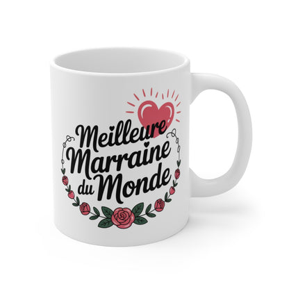 Mug Marraine Exceptionnelle – “Meilleure Marraine du Monde” – Design Cœur & Fleurs – Tasse Céramique 325ml