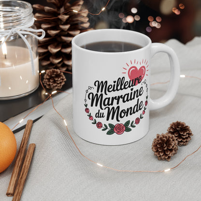 Mug Marraine Exceptionnelle – “Meilleure Marraine du Monde” – Design Cœur & Fleurs – Tasse Céramique 325ml