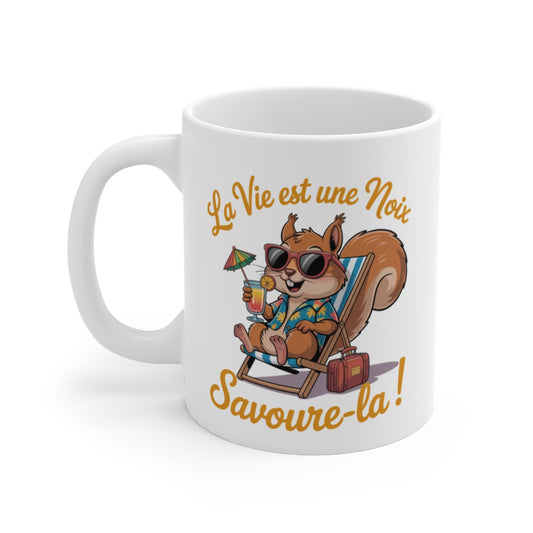 Mug Écureuil Vacances – “La Vie est une Noix, Savoure-la” – Humour Tropical – Tasse Céramique 325ml