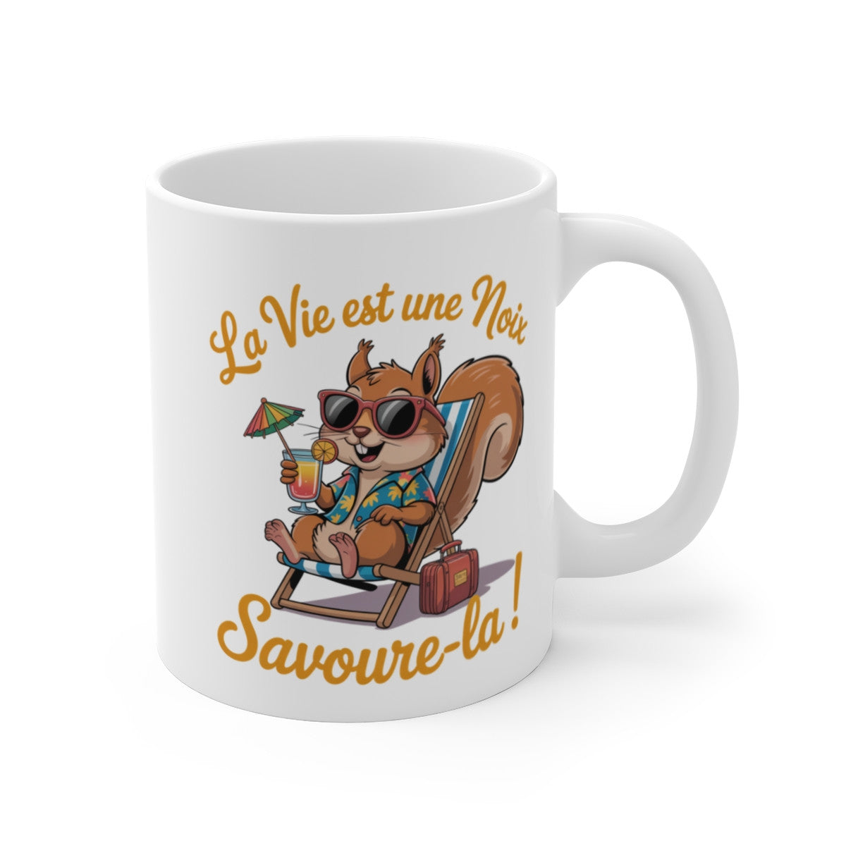 Mug Écureuil Vacances – “La Vie est une Noix, Savoure-la” – Humour Tropical – Tasse Céramique 325ml