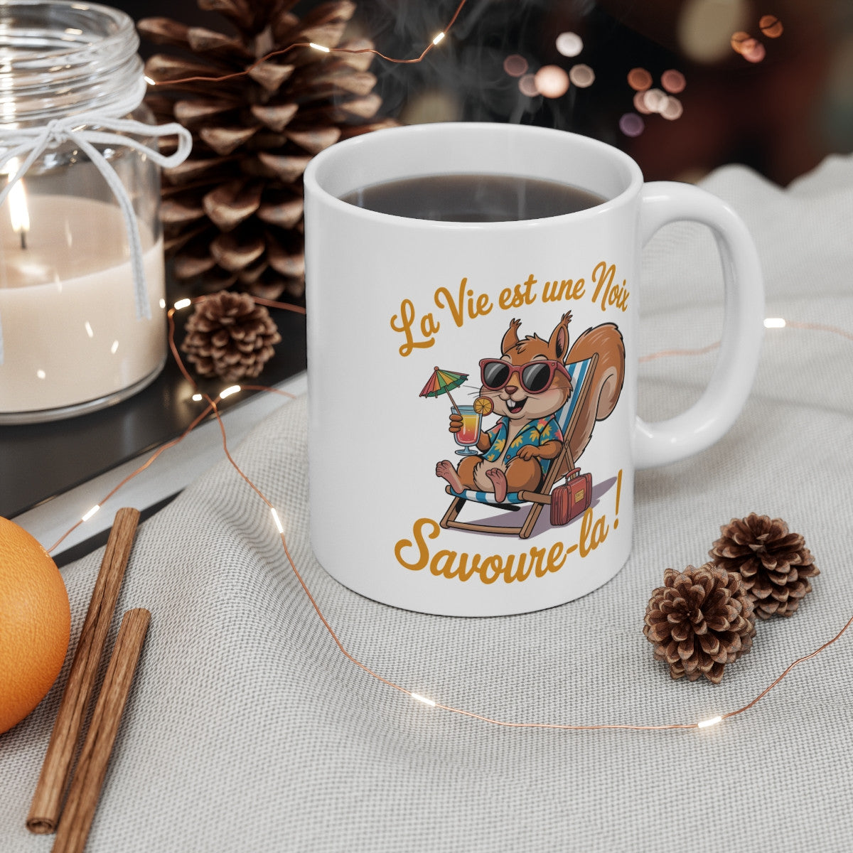 Mug Écureuil Vacances – “La Vie est une Noix, Savoure-la” – Humour Tropical – Tasse Céramique 325ml