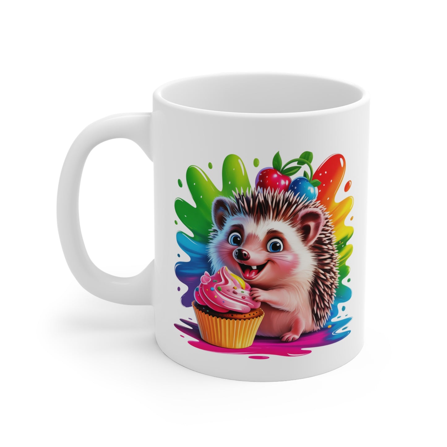 Tasse Hérisson Mignon avec Cupcake – Mug Animal Kawaii Coloré – Design Gourmand Bonbons Arc-en-ciel – Cadeau Fun et Sucré 325ml