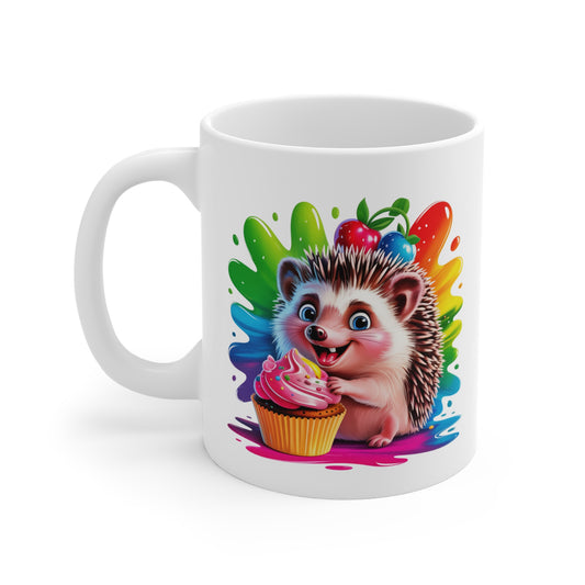 Tasse Hérisson Mignon avec Cupcake – Mug Animal Kawaii Coloré – Design Gourmand Bonbons Arc-en-ciel – Cadeau Fun et Sucré 325ml