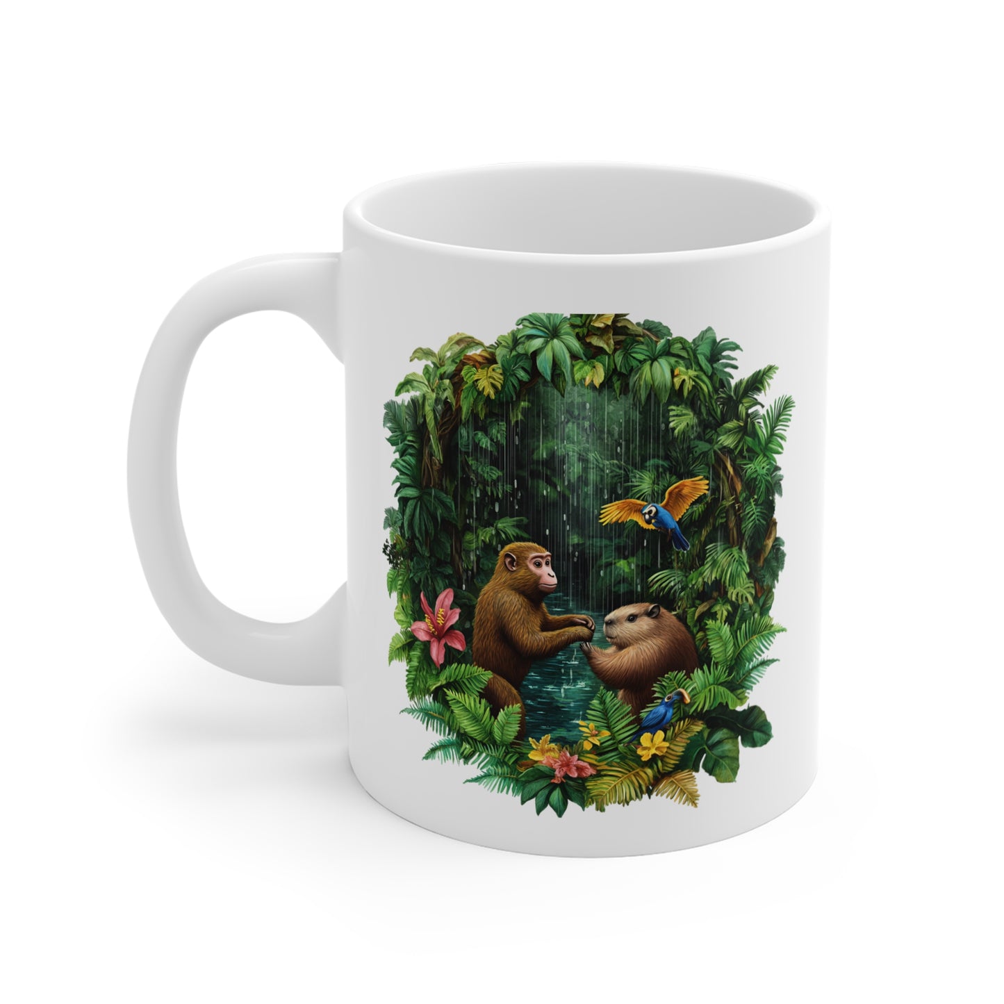 Tasse Jungle Tropicale – Mug Céramique 325 ml – Singe, Capybara et Perroquets Colorés