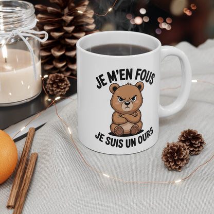 Mug Ours Boudeur – “Je m’en fous, je suis un ours” – Humour Animalier – Tasse Céramique 325ml