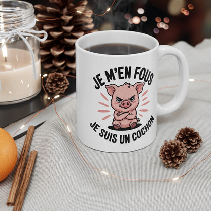 Mug Cochon Drôle – “Je m’en fous, je suis un cochon” – Humour Animalier – Tasse Céramique 325ml