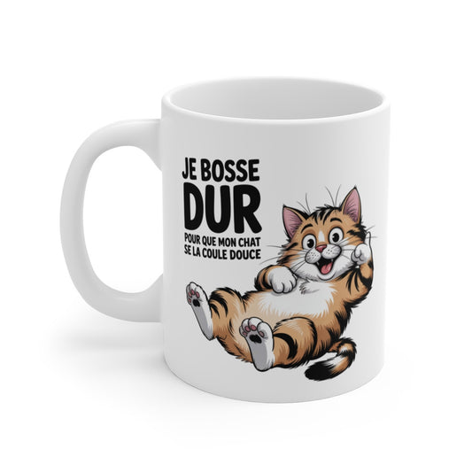 Mug Chat Fainéant – “Je bosse dur pour que mon chat se la coule douce” – Humour Félin