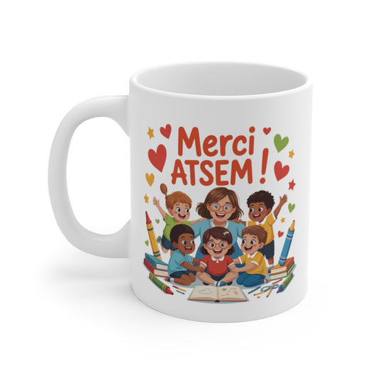 Mug ATSEM Cadeau Fin d’Année – Merci ATSEM avec Enfants et Crayons
