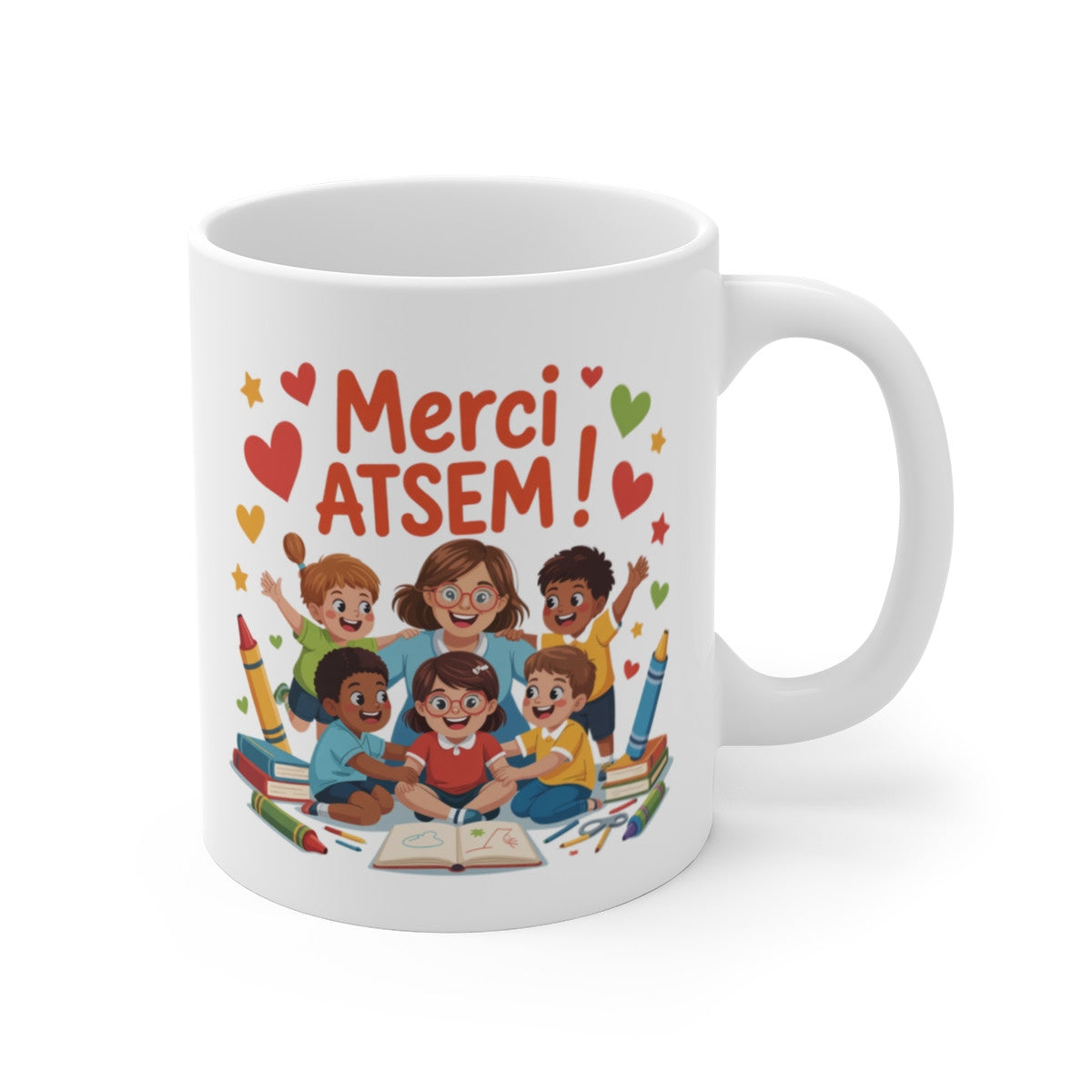 Mug ATSEM Cadeau Fin d’Année – Merci ATSEM avec Enfants et Crayons