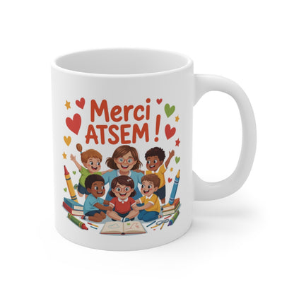Mug ATSEM Cadeau Fin d’Année – Merci ATSEM avec Enfants et Crayons