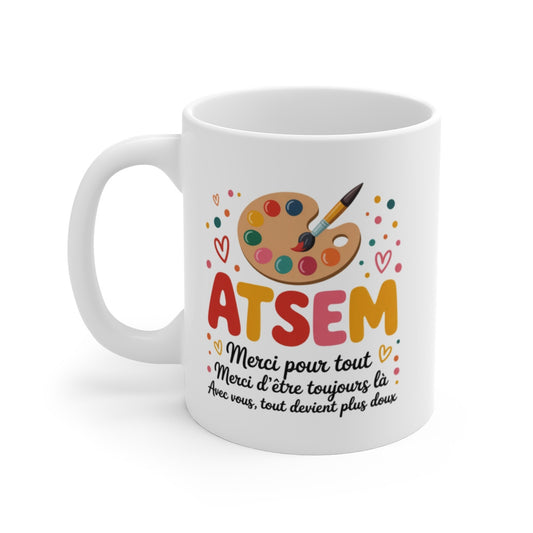 Mug ATSEM Merci – Palette Peinture Colorée – Cadeau Fin d’Année École Maternelle