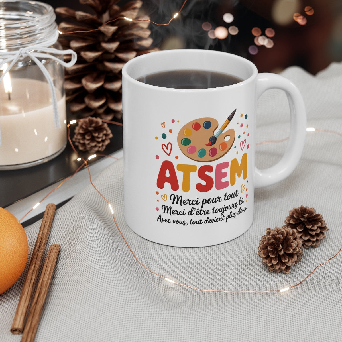 Mug ATSEM Merci – Palette Peinture Colorée – Cadeau Fin d’Année École Maternelle