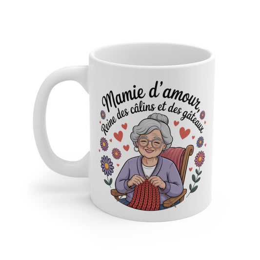 Mug Mamie d’Amour – Reine des Câlins et des Gâteaux – Cadeau Grand-Mère Tricot Humour