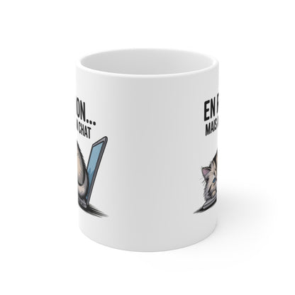 Mug Télétravail Chat – En Réunion mais avec mon Chat – Cadeau Geek Félin Humour