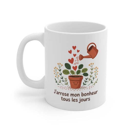 Mug Bien-Être – J’Arrose Mon Bonheur – Illustration Plante Positive et Colorée – Cadeau Feel Good