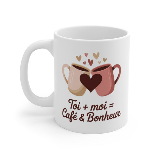 Mug Couple Amoureux  Toi +Moi  Café & Bonheur  Illustration Romantique avec Tasses et Cœurs