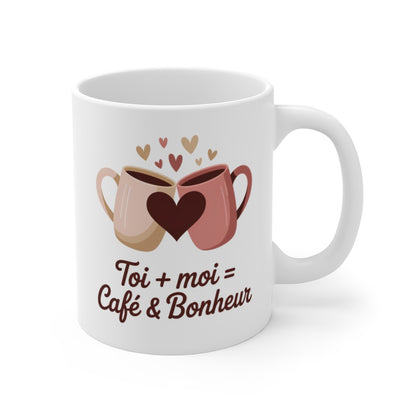 Mug Couple Amoureux  Toi +Moi  Café & Bonheur  Illustration Romantique avec Tasses et Cœurs