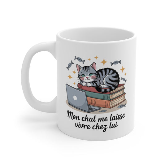 Mug Humour Chat – Mon Chat Me Laisse Vivre Chez Lui – Illustration Mignonne Télétravail et Livres