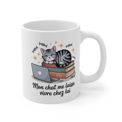 Mug Humour Chat – Mon Chat Me Laisse Vivre Chez Lui – Illustration Mignonne Télétravail et Livres