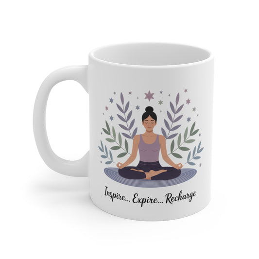 Mug Méditation – Inspire Expire Recharge – Illustration Yoga et Bien-Être Relaxant