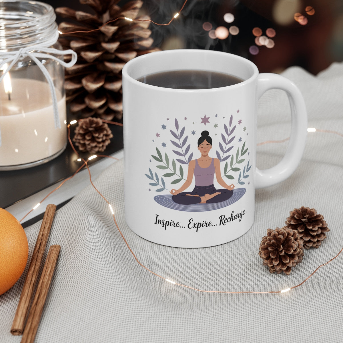 Mug Méditation – Inspire Expire Recharge – Illustration Yoga et Bien-Être Relaxant