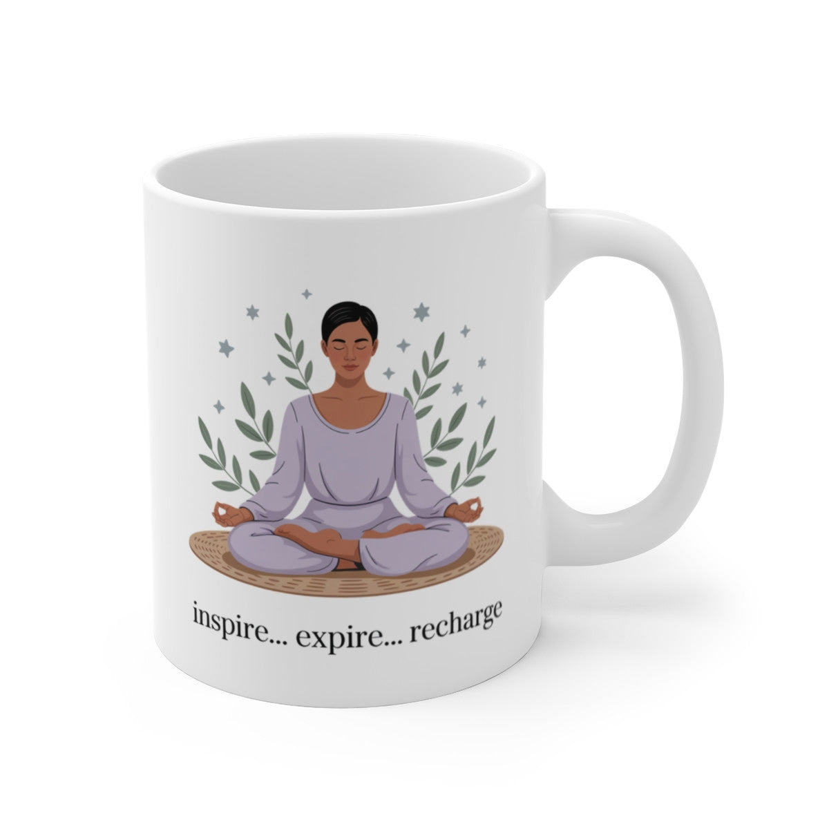 Mug Yoga Méditation – Inspire Expire Recharge – Illustration Zen Tapis Naturel et Tenue Blanche