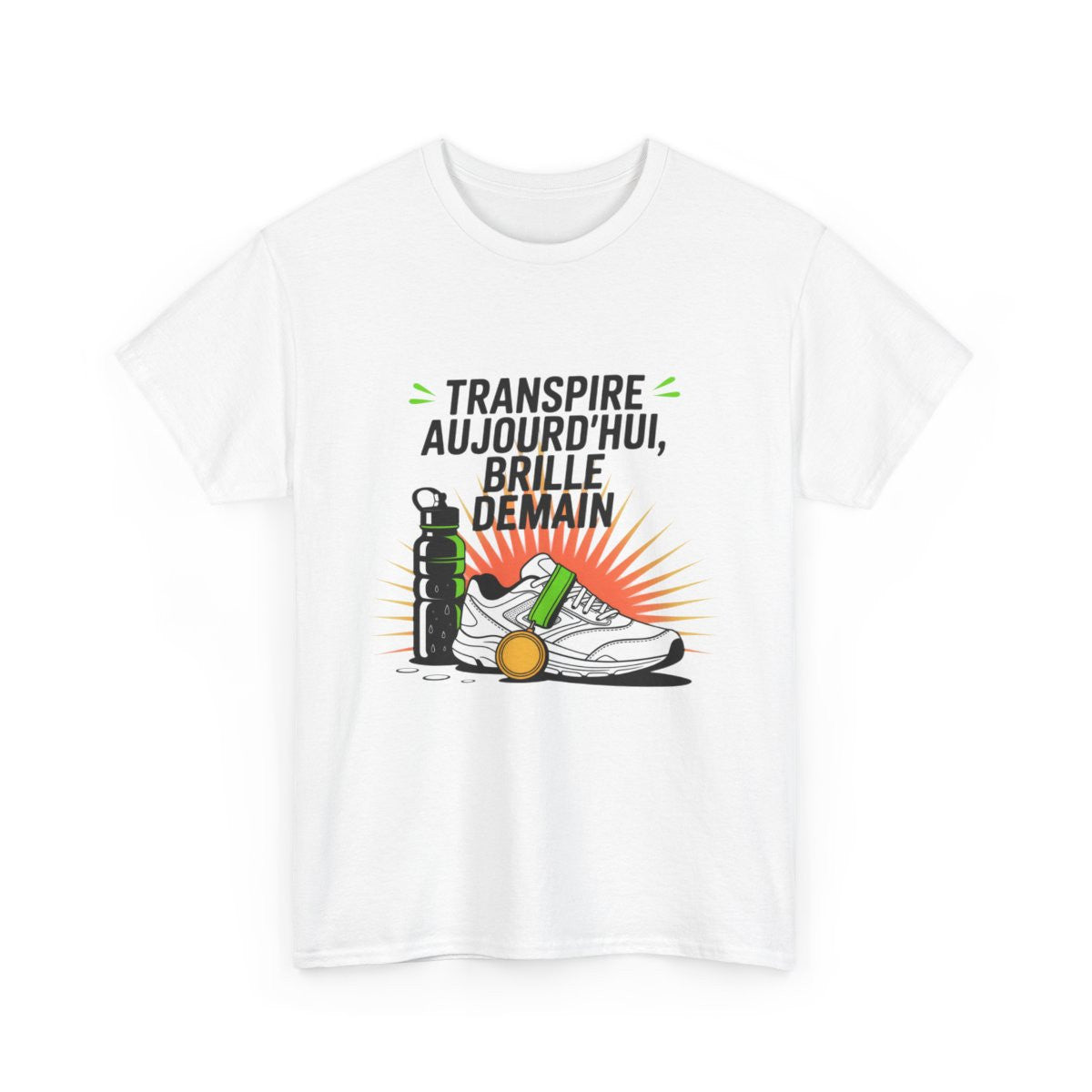T-shirt Sport Motivation – "Transpire Aujourd’hui, Brille Demain" – Design Chaussure Running & Médaille