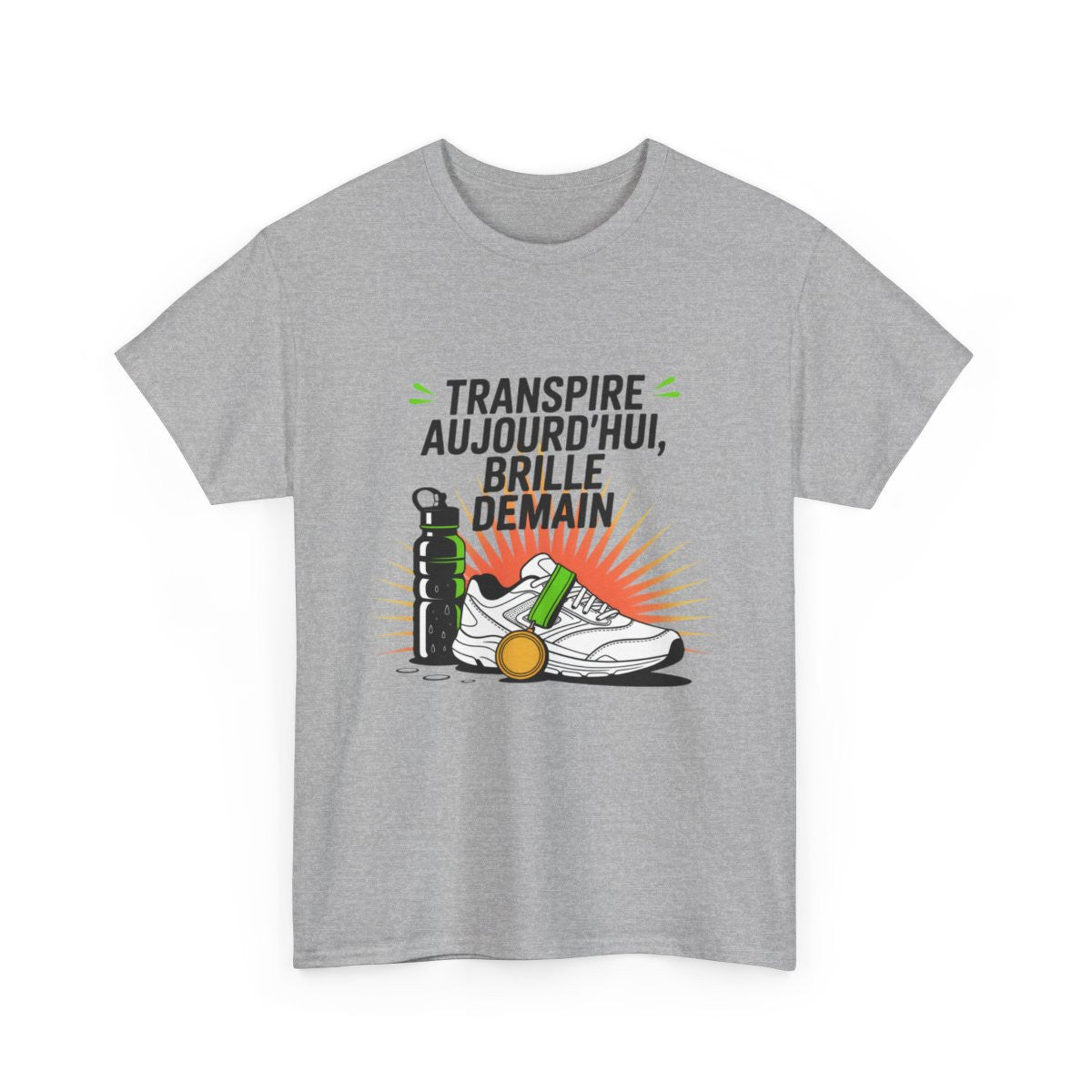 T-shirt Sport Motivation – "Transpire Aujourd’hui, Brille Demain" – Design Chaussure Running & Médaille