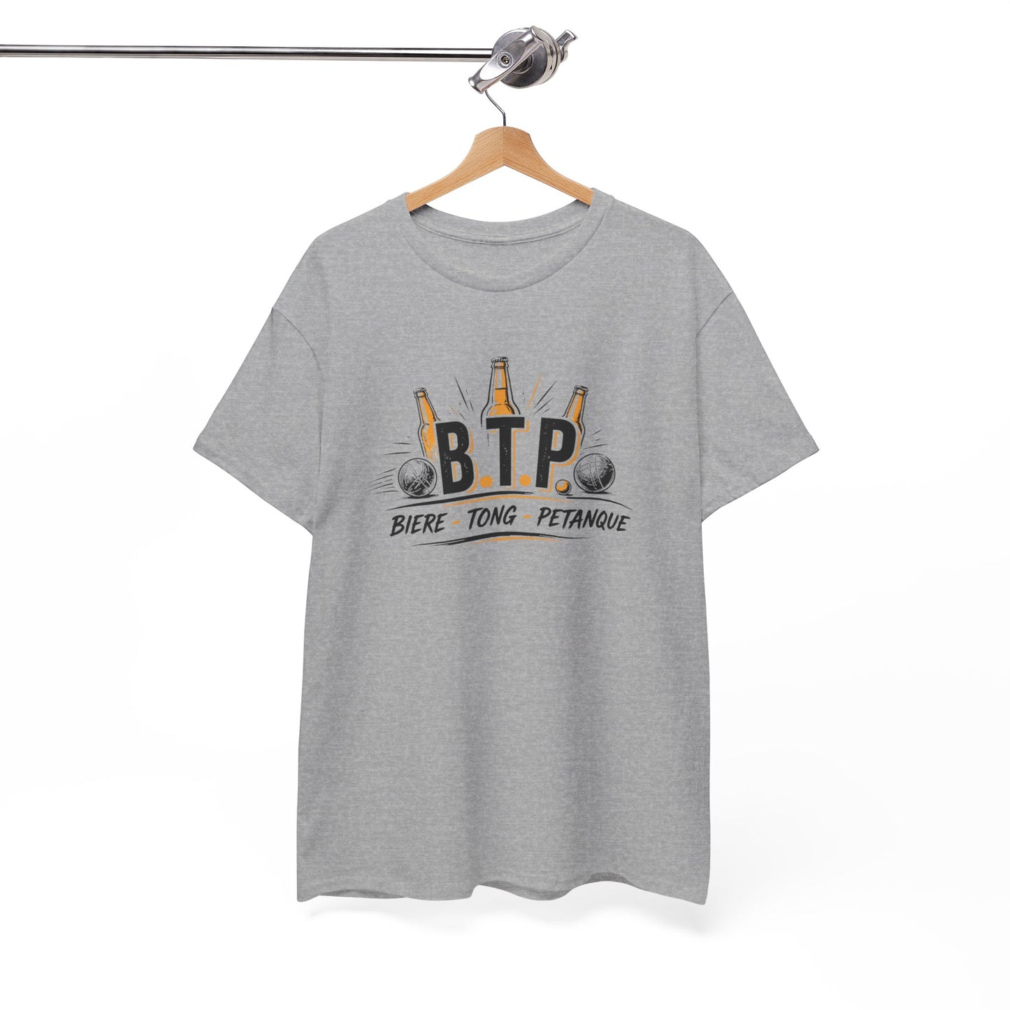 T-Shirt BTP Bière Tong Pétanque Homme Femme – Tee Shirt Humour Apéro Pétanque – Cadeau Été Vacances Noir Blanc Gris