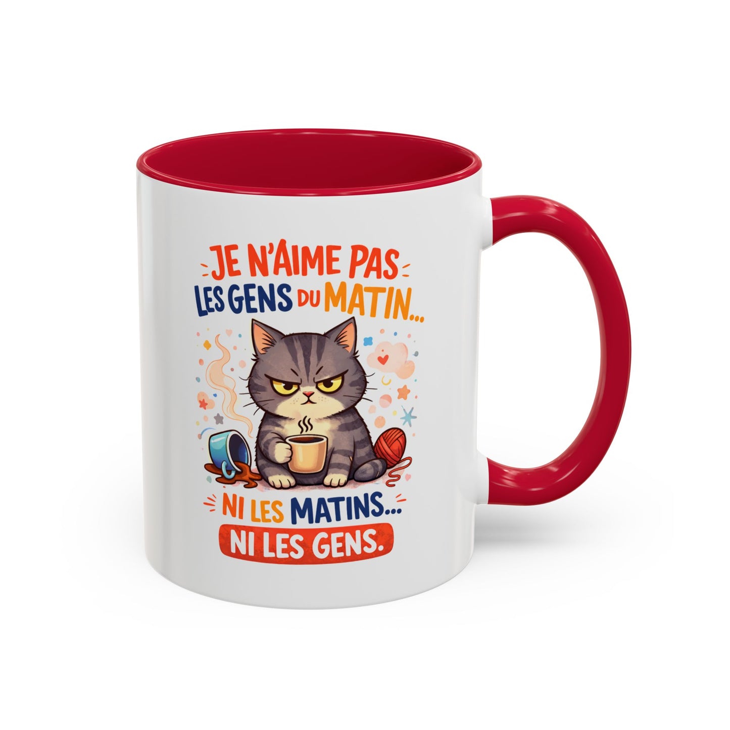 Tasse Chat Drôle “Je n’aime pas les gens du matin” – Mug Humour Chat Café Noir Bleu Rouge – Cadeau Original Amoureux des Chats 325ml