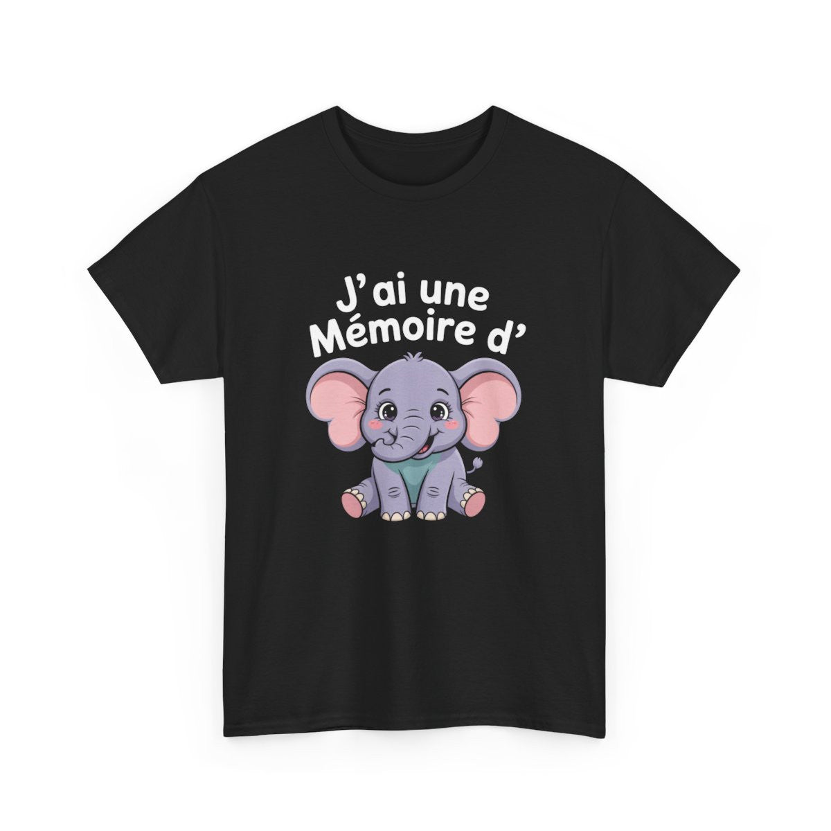 T-shirt Humour Éléphant – "J’ai Une Mémoire d’Éléphant" – Tee-Shirt Noir Mignon Animal Kawaii Unisexe