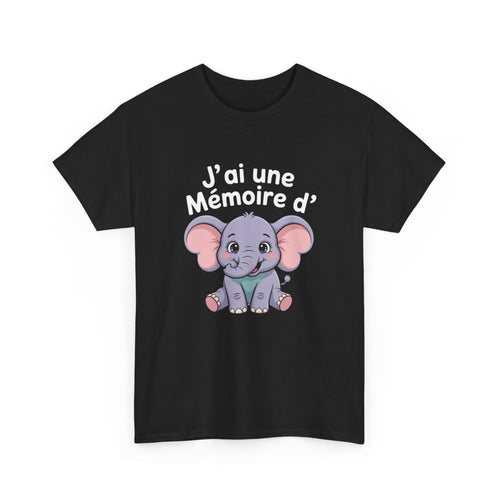 T-shirt Humour Éléphant – "J’ai Une Mémoire d’Éléphant" – Tee-Shirt Noir Mignon Animal Kawaii Unisexe