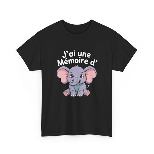 T-shirt Humour Éléphant – "J’ai Une Mémoire d’Éléphant" – Tee-Shirt Noir Mignon Animal Kawaii Unisexe
