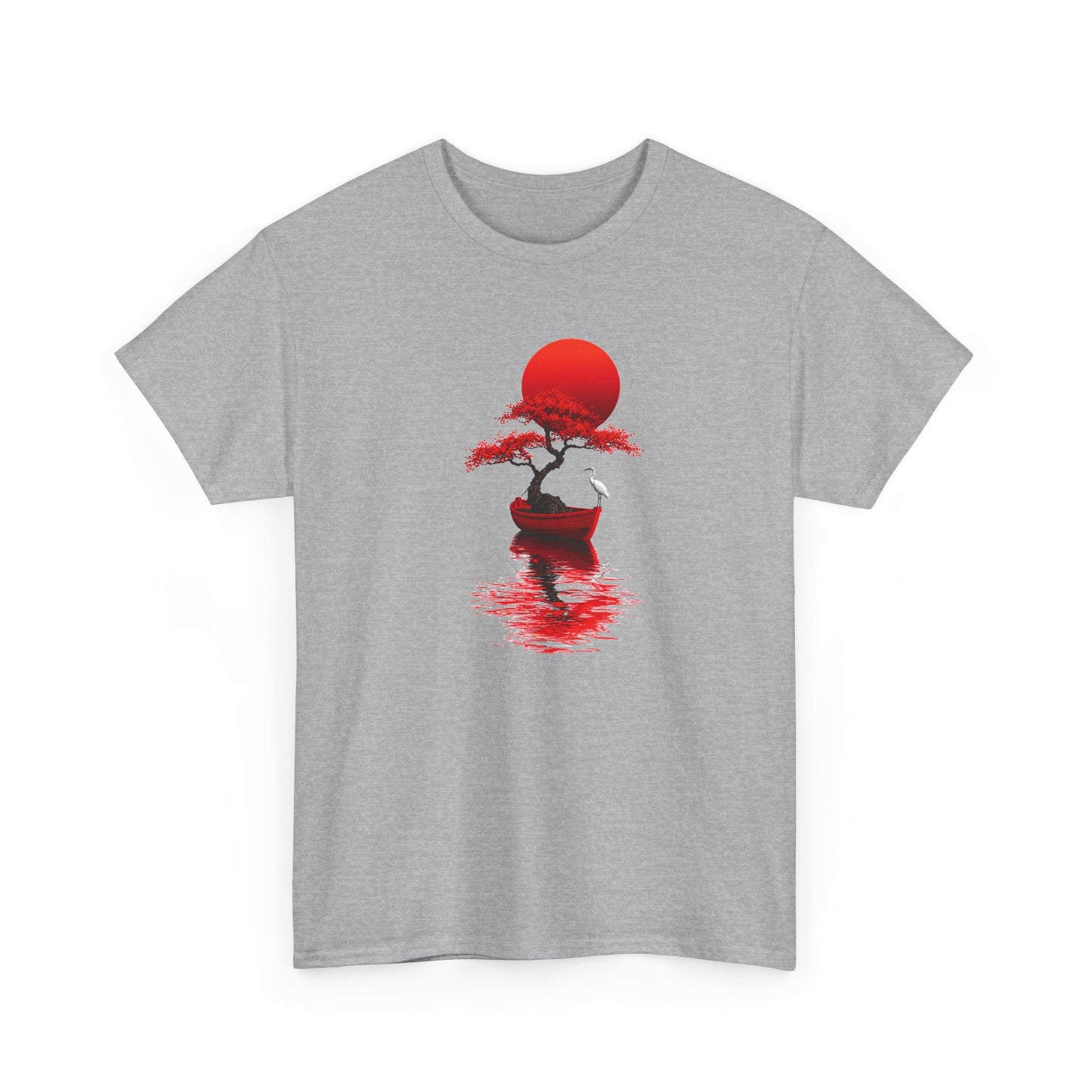 Tee Shirt Homme et Femme Japonais Bonsaï Héron Soleil Rouge Paysage Zen Nature Asiatique Art Traditionnel