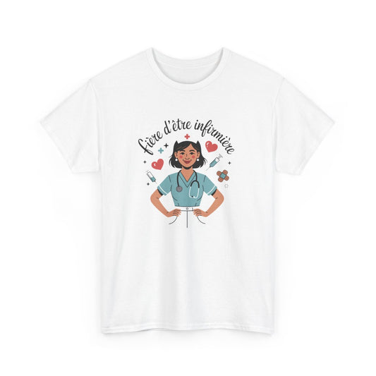 T-shirt Infirmière Femme – "Fière d’être Infirmière" – Tee-Shirt Blanc Gris Hôpital Santé Unisexe S à 3XL