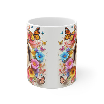 Tasse Céramique Spitz Nain Pomeranian et Fleurs – Mug Chien Mignon Papillons – Cadeau Animaux Bohème 325ml