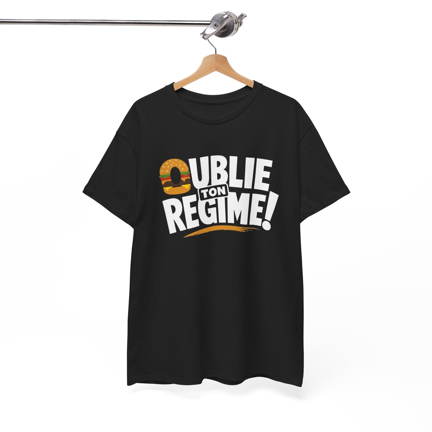 T-Shirt Oublie Ton Régime Homme Femme – Tee Shirt Humour Burger – Cadeau Gourmand Drôle Noir Blanc Gris