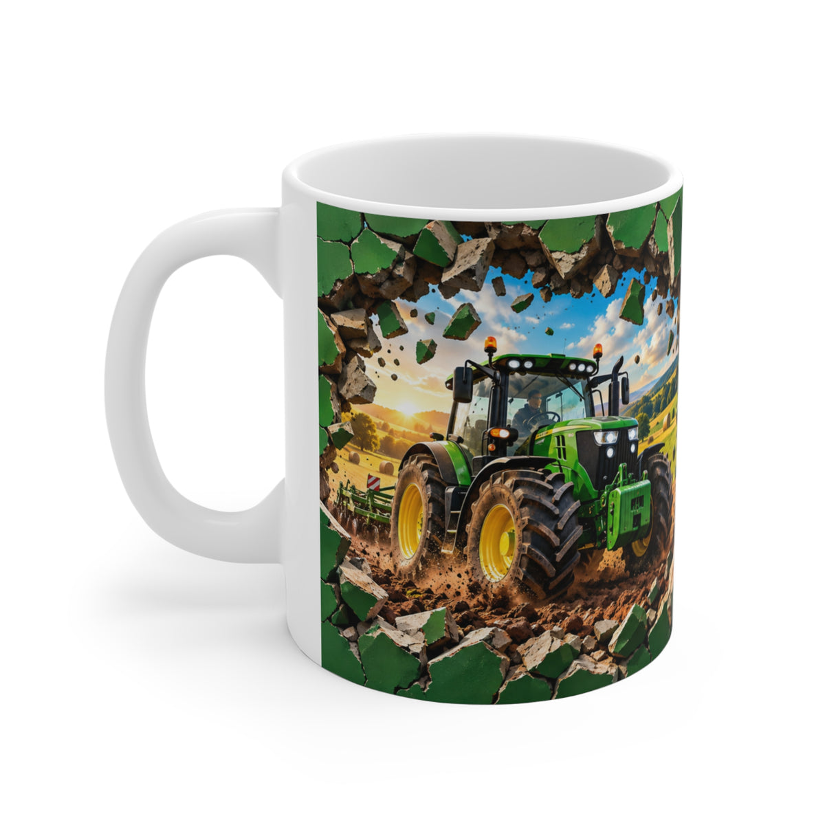 Mug Tracteur Agricole Vert – Tasse Agriculture avec Champ et Effet Mur Brisé – Cadeau Original Agriculteur Passionné de Tracteurs