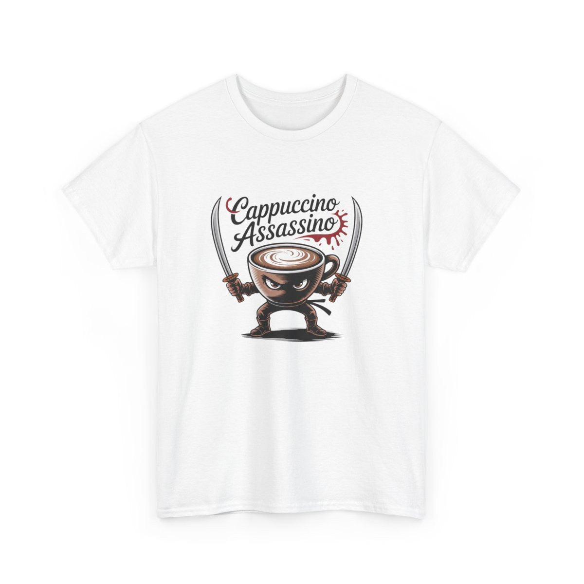 T-shirt Cappuccino Assassino – Tee Shirt Ninja Café Humour Blanc Gris – Design Guerrier Latte Art S à 3XL