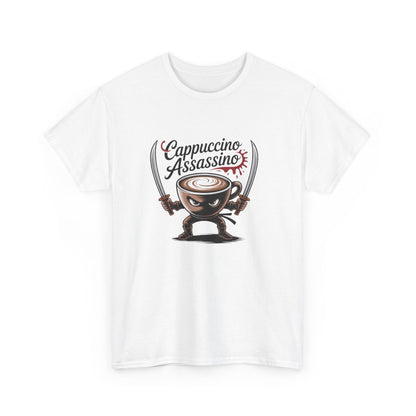 T-shirt Cappuccino Assassino – Tee Shirt Ninja Café Humour Blanc Gris – Design Guerrier Latte Art S à 3XL