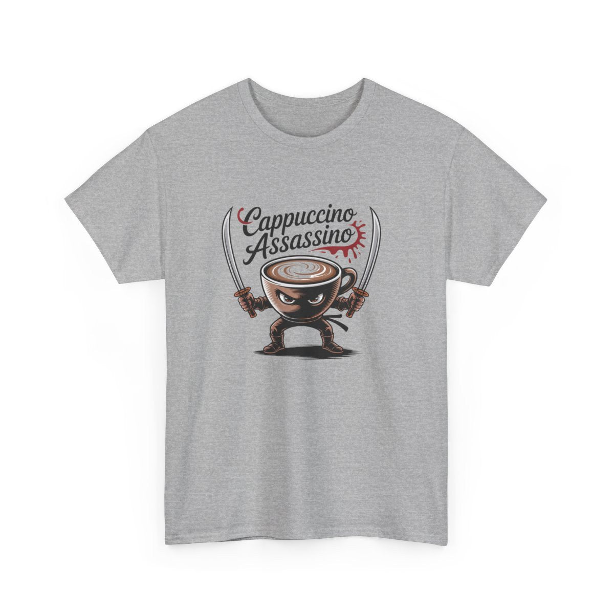 T-shirt Cappuccino Assassino – Tee Shirt Ninja Café Humour Blanc Gris – Design Guerrier Latte Art S à 3XL