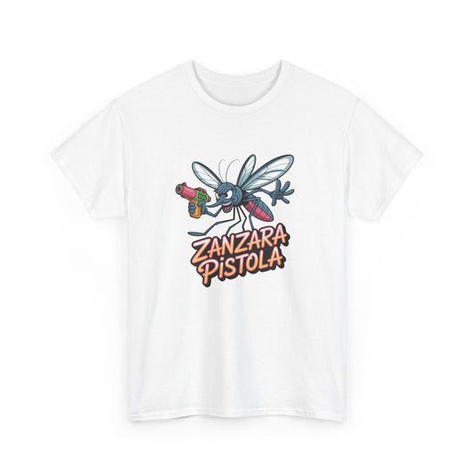 T-shirt Zanzara Pistola – Tee Shirt Moustique Drôle Cartoon Blanc Gris – Design Fun Absurde S à 3XL